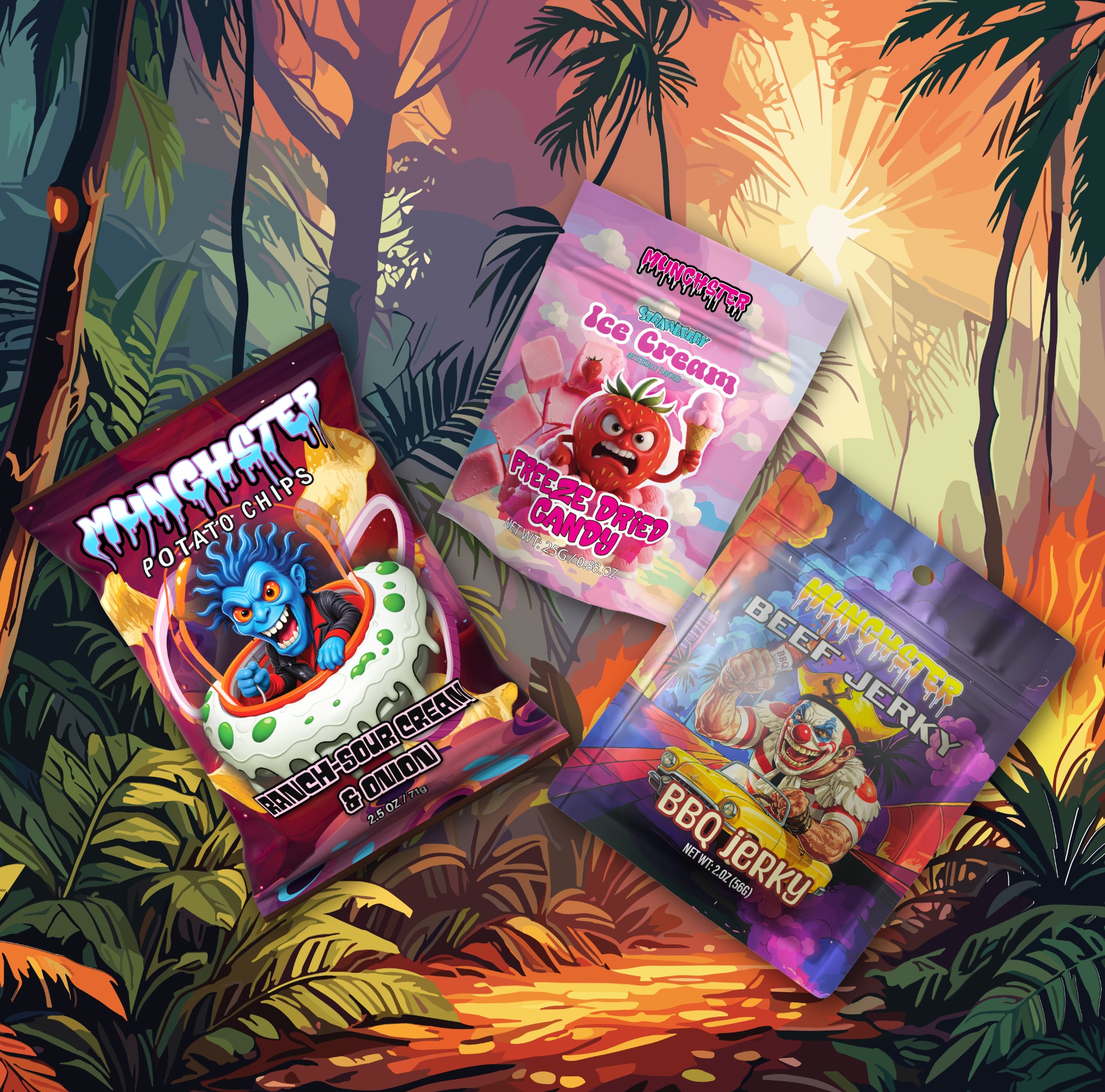 MUNCHSTER chips, freeze-dried candy and beef jerky packaging in an illustrated jungle composition