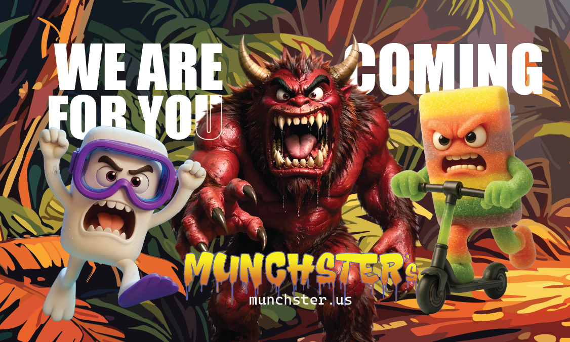 MUNCHSTER business card with three brand characters and the words We are coming for you