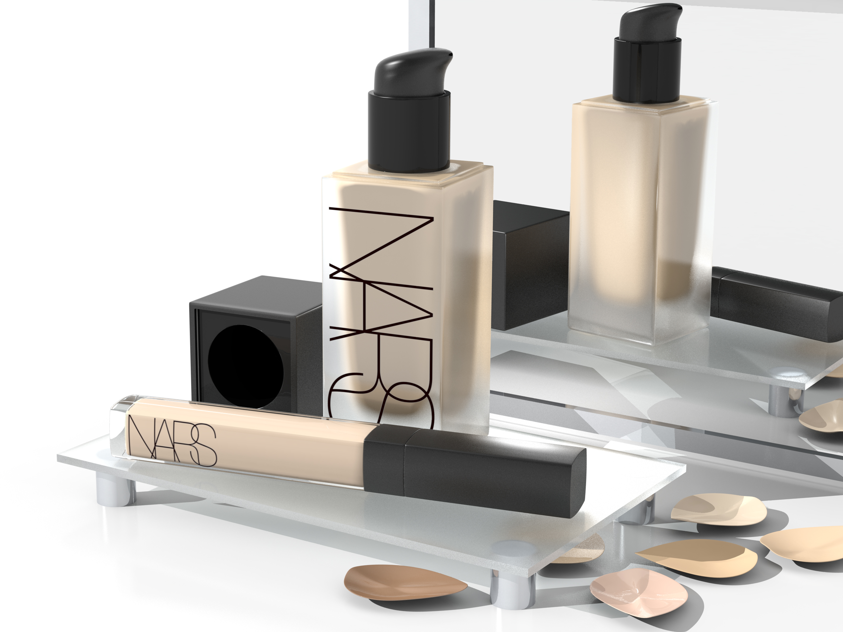 NARS foundation bottles rendered in 3D on mirrored glass plinths