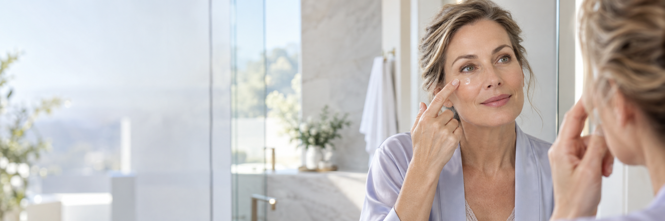 Woman applying eye serum beneath her eye