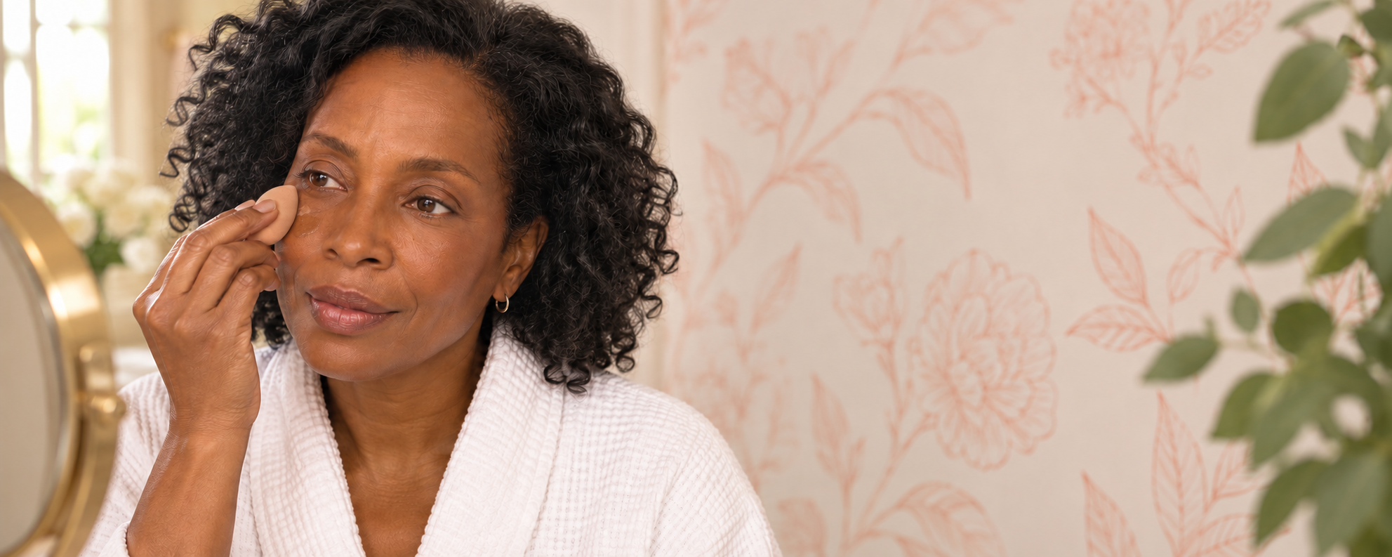 Black woman applying tinted under-eye cream with a small makeup sponge