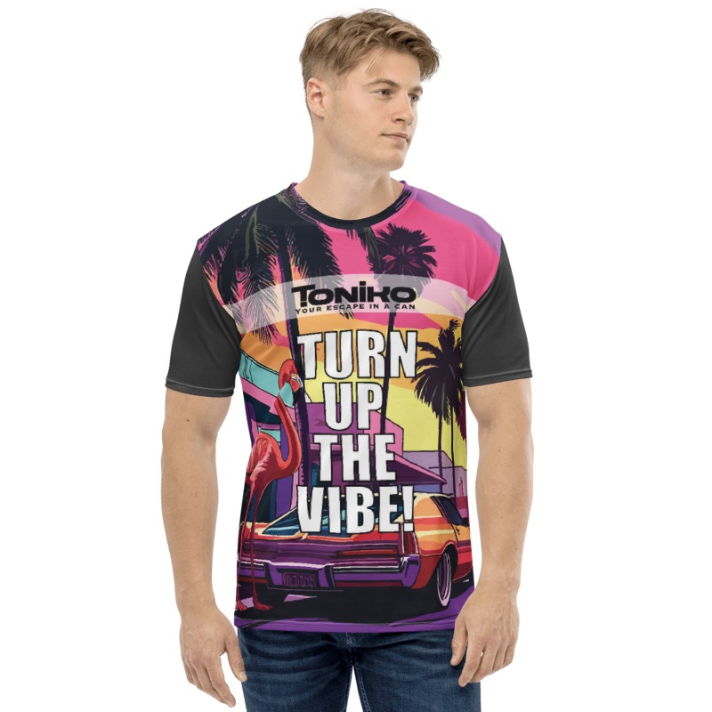 TONIKO branded T-shirt with colorful palms, flamingo and Turn Up the Vibe artwork