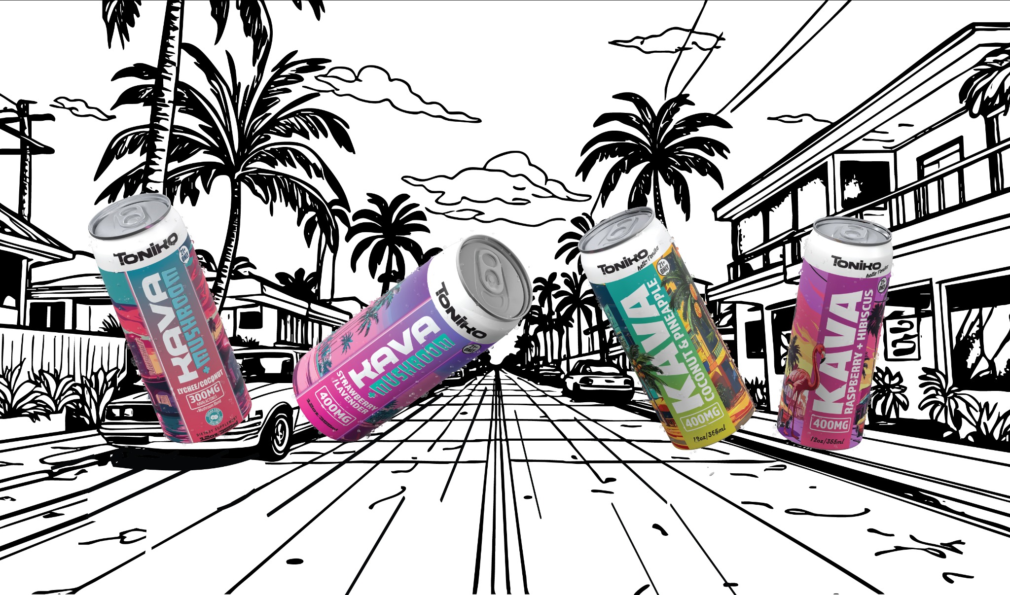 TONIKO cans against a black-and-white illustrated palm-lined street