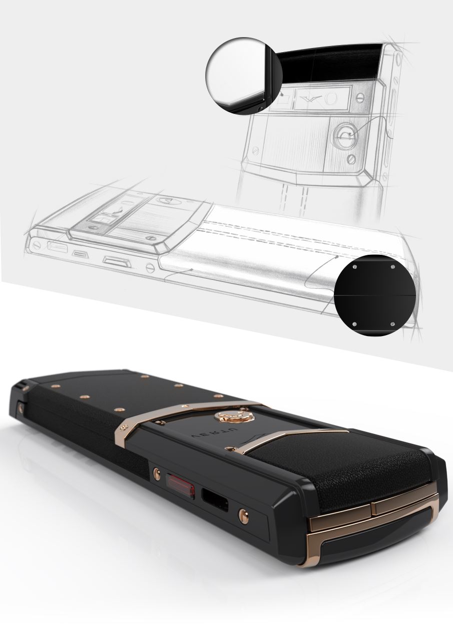 VERTU ceramics presentation with technical detail sketches and a phone rendering